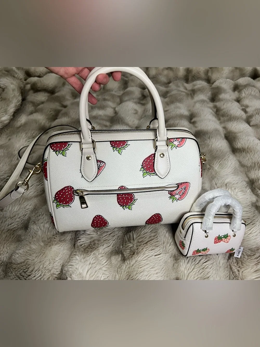 Coach Rowan Med & Micro White Strawberry Print Satchel Set ($653 total for set)